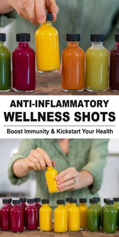 a woman is holding a bottle with many different drinks in it and the words, anti - flamatory wellness shots