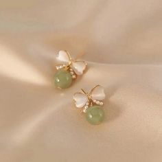 Gold Tone Faux Jade Bow Earrings Make Me An Offer Earring Inspo, Beaded Leaf, Bow Earrings, Jewelry Inspo, Earrings Color, Make Me An Offer, Artsy Fartsy, Jade, Gold Tones