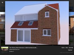 an image of a brick house with red tile on the roof and white trim around the windows