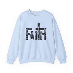 This Faith Christian Sweatshirt exudes comfort and faith. Perfect for the colder months, this medium-heavy fabric blend sweatshirt offers a cozy and clean-cut style. The classic fit and crew neckline provide a comfy wearing experience, while the double-needle stitching ensures durability. Ideal for those who want to express their Christian faith in a stylish and cozy way, making it a great gift for Christmas, Easter, or any other religious occasion. Product features - Medium-heavy fabric blend of 50% cotton and 50% polyester for coziness - Classic fit with crew neckline for a comfy wearing experience - Double-needle stitching for durability - Gray, pearlized tear-away label for itch-free comfort - Ethically grown US cotton and OEKO-TEX-certified dyes for sustainability Care instructions - Comfortable Fit Top With Letter Print For Winter, Cotton Sweatshirt With Letter Print And Cozy Fit, Cozy Fit Cotton Sweatshirt With Letter Print, Long Sleeve Text Print Sweatshirt, Cozy Cotton Sweatshirt With Letter Print, Comfortable Long Sleeve Text Print Sweatshirt, Blue Winter Sweatshirt With Slogan, Winter Cotton Sweatshirt With Lettering, Winter Cotton Sweatshirt With Text Print