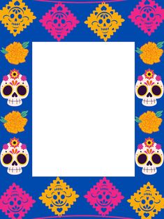 a square frame with skulls and flowers on it, in the middle is an image of a