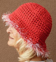 Women's chemo hat in red cotton hat for women who love Sassy Fashion, Chemo Hats, Crochet Summer Hats, Pink Hats, Crochet Hat For Women, Red Hat Society, Crocheted Hats, Red Crochet, Eyelash Yarn