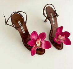 Brown Kitten Heels, Heels Flower, Siren Aesthetic, Faux Orchid, Brown Kitten, Mob Wife Aesthetic