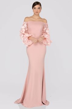 Terani Couture - 1911E9128 Offshoulder Floral Accent Puff Sleeves Gown – Couture Candy Gown Couture, Puff Sleeve Gown, Off Shoulder Long Dress, Robes D'occasion, Couture Evening Dress, Dress Couture, Gaun Fashion, Mother Of The Bride Gown, Organza Sleeves