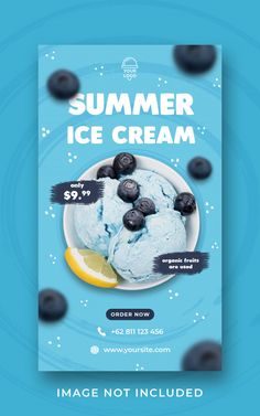 an ice cream advertisement with blueberries and lemons on it, in front of a blue background