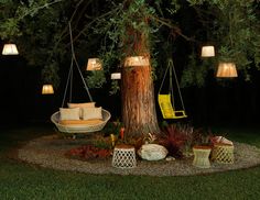 a tree with swings and hanging chairs in the grass at night, lit up by lights