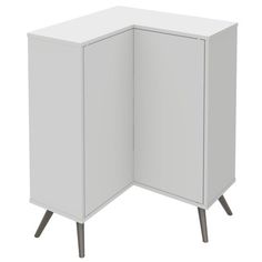 the corner cabinet is white and has two legs on each side, with one door open