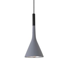 a gray light hanging from a ceiling fixture with a black cord on the end and a white background