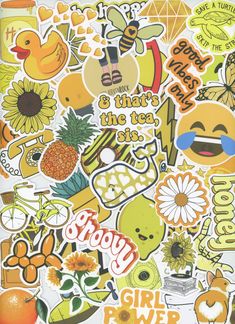 an assortment of stickers that include fruit, flowers and other things in the background