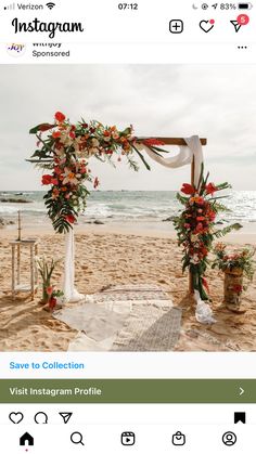 an instagram photo with flowers and greenery on the beach for a wedding ceremony