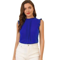 The ruffled sleeveless design would show demure, feminine grace, and also lend shape and texture. Crafted from a lightweight material, it is shaped with an elegant crew neckline, and pleat detailing, and comes in a relaxed cut for easy, breezy wear. This vintage blouse is designed with ruffled trim and solid color, especially for a professional look at work. Ruffled Sleeveless Blouse For Work, Blue Sleeveless Ruffled Tops, Ruffled Sleeveless Blouse Tank Top For Work, Feminine Sleeveless Blue Blouse, Blue Ruffled Sleeveless Blouse, Ruffled Tank Top For Workwear, Sleeveless Ruffle Blouse, Viridian Green, Sleeveless Blouses