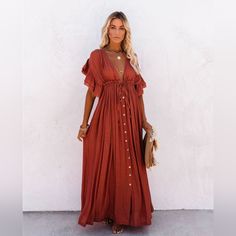 Gorgeous Semi Sheer Flowy Cover Up Dress * Ruffle Short Sleeve * Adjustable Tie Waist * Button Front * Unlined * Raw Ruffled Edges * Pockets Approx. 51" To 52" Long Fit Multiple Sizes Small Medium Large Extra Large Xl Color Rusty Red Also Available In White, Black, Blue, Purple, Tan, Beige Ivory, Gray And Olive Green #Babydoll Empire Dress Spring Summer Fall Festival Spell Gypsy Casual Vacation Coastal Flirty Lingerie Short Beach Bunny Resort Photo Shoot Maternity Tunic Flounce Flutter A Line Fl Summer Button-up Maxi Dress For Beach, Summer Beach Maxi Dress With Buttons, Summer Beach Maxi Dress With Button Closure, Solid Beach Dress With Button Closure, Button-up Summer Maxi Dress For Beach, Bohemian Buttoned Maxi Dress For Beach, Bohemian Beach Maxi Dress With Buttons, Red Buttoned Maxi Dress For Summer, Summer Maxi Dress With Button Closure