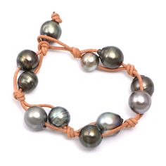 11 Tahitian Pearls Knotted on Leather Bracelet  Tahitian Pearls  Leather  Pearl Toggle Closure 8.25" Length  P-4754 Pearl Leather, Tahitian Pearls, Bezel Diamond, Halo Diamond, Pearl Bracelet, Gold Diamond, Leather Bracelet, Bracelet, Chain