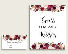 two cards with flowers and the words guess how many kisses