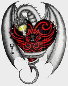 a drawing of a dragon with a heart and key