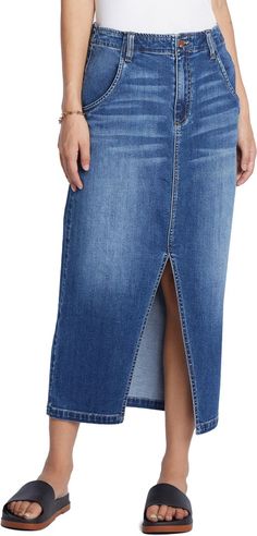 Wash Lab Denim Daily Slit Denim Midi Skirt | Nordstrom Denim Midi Skirt Outfit, Denim Skirt Fashion, Midi Skirt Outfit, Denim Maxi Skirt, Denim Midi Skirt, Neutral Outfit, Denim Design, Chunky Sweater, Denim Coat