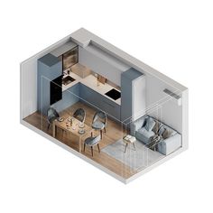 an overhead view of a living room and dining area in a small apartment with wood flooring