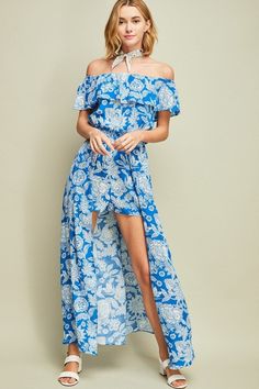 Blue Paisley Off-Shoulder Romper - Hippie Vibe Tribe Summer Brunch Maxi Skirt, Off-shoulder Chiffon Maxi Dress For The Beach, Blue Flowy Maxi Dress For Summer, Blue Flowy Maxi Dress For Vacation, Blue Bohemian Chiffon Maxi Dress, Flowy Blue Maxi Dress For Day Out, Chiffon Off-shoulder Maxi Dress For Vacation, Off-shoulder Chiffon Maxi Dress For Vacation, Blue Flowy Maxi Skirt For Vacation