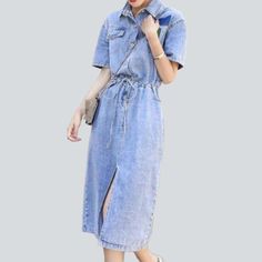 Welcome to the 2023 Spring-Summer Collection ââ‚?introducing our long denim dress with drawstrings for the ultimate 90s look!Why You'll Love ItThis light wash. baggy dress is designed to take you on a nostalgic journey back to the '90s. Crafted with premium quality denim. it's not just a dress; it's a statement. an anthem. a vibe! Its distinctive drawstrings. buttoned closure. and edgy distressed pattern make it the perfect embodiment of contemporary fashion with a side of grunge.Key Highlights: Summer Short Sleeve Midi Dress With Drawstring, Short Sleeve Midi Dress With Drawstring For Summer, Summer Midi Dress With Drawstring And Short Sleeves, Summer Knee-length Midi Dress With Drawstring, Casual Short Sleeve Denim Midi Dress, Casual Short Sleeve Denim Blue Midi Dress, Spring Knee-length Drawstring Midi Dress, Spring Knee-length Midi Dress With Drawstring, Casual Blue Dress With Drawstring