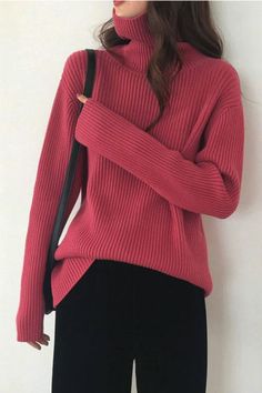 This 2024 Women Turtleneck Sweater is the perfect addition to your autumn and winter wardrobe. Made with the highest quality soft and warm knit, this pullover provides both comfort and style. The loose fit and turtleneck design make it a versatile piece for any occasion. Stay cozy and chic with this essential basic top. Winter Turtleneck Soft Knit Sweatshirt, Casual Red Fitted Turtleneck, High Neck Sweaters Women, Red Ribbed Turtleneck Sweater, Pink Turtleneck Soft Knit Sweater, Korean Fashion Black, Red Soft Knit Turtleneck Sweater, Plaid Pullover, Blue Summer Dresses