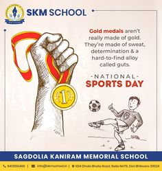 an advertisement for the national sports day with a drawing of a hand holding a gold medal