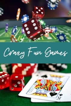 some dices and cards on a table with the words crazy fun games over it