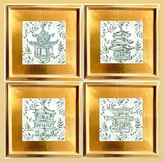 four gold frames with white and green designs on the front, one has a pagoda