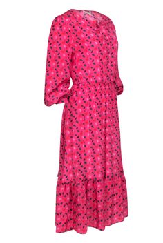 Get ready to bloom into the freshest spring wardrobe with this delightful Tuckernuck pink maxi dress. This playful stunner features a gorgeous print of pink, orange, and green florals that exude a joyful and vibrant energy. With its long sleeves and smocked waist, it effortlessly combines comfort and style. This dress is your go-to for embracing the spirit of spring and embracing the beauty of fresh blooms! Size L Shell 100% Silk Unlined Pullover Quarter button front Neckline tie Smocked waist L Pink V-neck Dress With Elastic Waistband, Pink Ruffled Fall Dress, Pink V-neck Maxi Dress For Fall, Spring Flowy Maxi Dress With Elastic Waistband, Pink Maxi Dress With Elastic Waistband For Vacation, Pink Floral Print Midi Dress For Spring, Feminine Pink Fall Dress, Spring Maxi Dress With Elastic Waistband For Garden Party, Pink Maxi Dress With Elastic Waistband For Spring