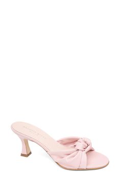 A knotted strap adds an extra touch of finesse to a sleek slide sandal fashioned from metallic leather. 2 3/4" heel Cushioned footbed Leather upper, lining and sole Made in Spain Satc Outfits, Pink Kitten Heels, Pink Cross, Stunning Shoes, Aesthetic Shoes, Knitted Romper, Swag Shoes, Pink Heels, Pretty Shoes