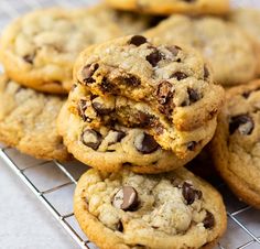 chocolate chip cookies stacked on top of each other