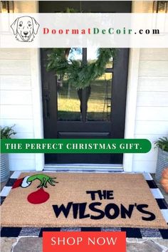 a door mat with the words the perfect christmas gift on it in front of a house