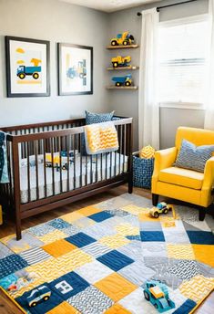 a baby's room decorated in yellow, blue and gray with cars on the rug