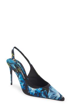 The Italian fashion house known for its elaborate florals brings a rich bluebell paradise to your feet in a charmeuse pump from the Flower Power collection. The knife-sharp pointy toe seen all over the 2024 runways makes an appearance, adding to the handcrafted slingback pump's dramatic beauty, while monogrammed logo hardware at the sole brings understated shine to your step. 3 1/2" heel Adjustable slingback strap with buckle closure Handcrafted Pattern placement may vary Textile upper/leather a Luxury Blue Slingback Pumps For Party, Elegant Floral Print High Heels, Designer Blue Slingback Pumps For Evening, Elegant Ankle Strap Heels With Floral Print, Elegant Floral Print Heels With Ankle Strap, Designer Floral Print Heels For Spring, Luxury Slingback Pumps For Spring Gala, Chic Formal Heels With Floral Print, Chic Floral Print Heels For Formal Occasions