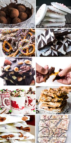 many different types of desserts are shown in this collage, including pretzels and cookies