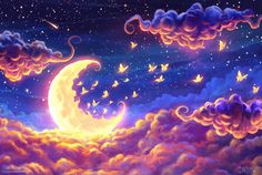 a painting of a crescent moon in the night sky with clouds and birds flying around