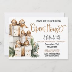 an open house party with presents on the front and gold bows around them, in watercolor