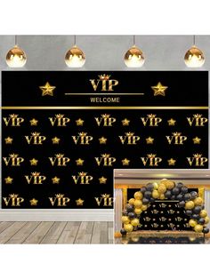 a black and gold welcome sign with balloons in front of it, and an image of stars on the wall