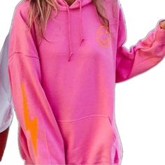 Orange Smiley Face, School Preppy, Preppy Pink, Preppy Look, Source Unknown, Pink Hoodie, Neon Orange, Smiley Face, Colorful Hoodies