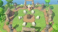 an animal crossing game in the middle of a field with rocks and trees around it