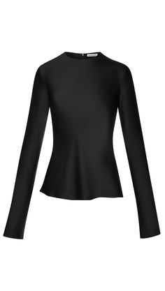 Made of silky-soft Italian viscose satin, this adaptable top features an elegant, bias cut silhouette and long, slim sleeves. Designed to be dressed up or down, layer it under suiting or paired with denim. Elegant Long Sleeve Top For Evening, Elegant Fitted Long Sleeve Top For Work, Fitted Elegant Long Sleeve Top For Evening, Elegant Fitted Long Sleeve Top For Evening, Sleek Long Sleeve Top For Evening, Sleek Blouse For Night Out, Elegant Stretch Long Sleeve Top, Chic Fitted Satin Top, Classic Black Satin Top