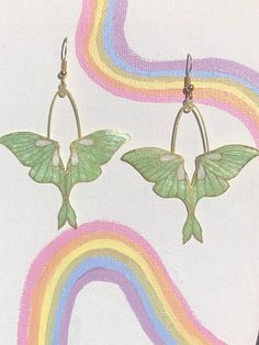 Pastel Green and White Moth Earrings - Etsy Vintage Green Earrings For Summer, Whimsical Green Hand Painted Earrings, Unique Green Butterfly Earrings, Bohemian Green Enamel Earrings, Whimsical Green Jewelry, Handmade Green Whimsical Earrings, Hand Painted Green Summer Earrings, Hand Painted Green Summer Jewelry, Green Moth