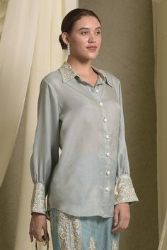 Mint blue shirt featuring gara embroidery on the collar and sleeve cuff. - Aza Fashions Long Sleeve Georgette Kurta With Embroidered Border, Festive Turquoise Embroidered Kurta, Semi-stitched Long Sleeve Kurta With Intricate Embroidery, Embroidered Semi-stitched Long Sleeve Kurta, Blue Embroidered Collared Shirt, Embroidered Collars, Mint Blue, Online Tops, Blue Shirt