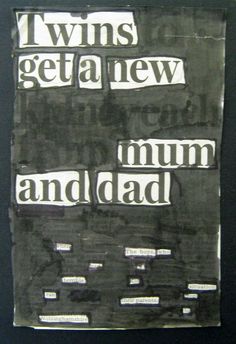 the words twins get a new mum and dad written on torn paper