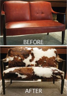 before and after photos of a leather couch with cowhide upholstered on it