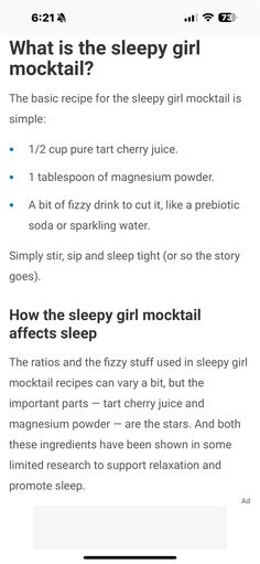 the menu for what is the sleepy girl cocktail?, with instructions on how to make it