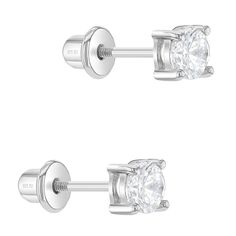 Make a brilliant statement of style for your little princess with these shimmering clear CZ solitaire stud earrings for little girls of all ages. Handcrafted entirely of 925 sterling silver, these earrings are hypoallergenic, nickel-free, and safe for children with sensitive ears. The quality clear cubic zirconia stone is mounted using a classic four-prong jeweler's setting. The threaded safety backs and posts are designed to keep your child's earrings comfortably and safely in place at all time Blood Diamond, Solitaire Studs, Kids Earrings, Toddler Kids, Screw Back Earrings, Sensitive Ears, Little Princess, Lab Grown Diamonds, Stone Color