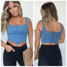 Brand New With Tag Chic Summer Denim Crop Top, Chic Denim Crop Top For Spring, Trendy Denim Blue Top For Day Out, Non-stretch Denim Top For Summer, High Waist Denim Tops For Spring, Cropped Medium Wash Denim Top For Day Out, Blue Denim Top For Summer, Fitted Medium Wash Denim Top For Summer, Non-stretch Medium Wash Denim Top