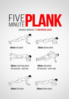 the five minute plank workout is shown in red and black, with instructions on how to do