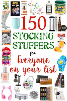 the cover of 150 stocking stuff for everyone on your list, with text overlay