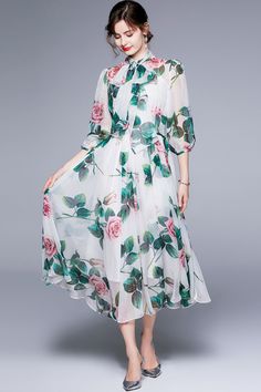 Runway Fashion Boho Chiffon Dress Bow-Neck, Lantern Sleeve, Floral Print Holiday, Cocktail, Party Women's Dress SIZE GUIDE (CM) Size Bust Waist Sleeve Shoulder Length S 86 / 45 / 123 M 90 / 46 / 124 L 94 / 47 / 125 XL 98 / 48 / 126 XXL 102 / 49 / 127 Elegant Chiffon Dress For Spring, Long Sleeve Chiffon Dress For Garden Party, Spring Green Georgette Dress, Green Georgette Dresses For Spring, Summer Long Sleeve Chiffon Dress For Garden Party, Long Sleeve Chiffon Floral Dress For Party, Long Sleeve Chiffon Dress For Summer Garden Party, Feminine Georgette Maxi Dress For Summer, A-line Chiffon Floral Dress For Party